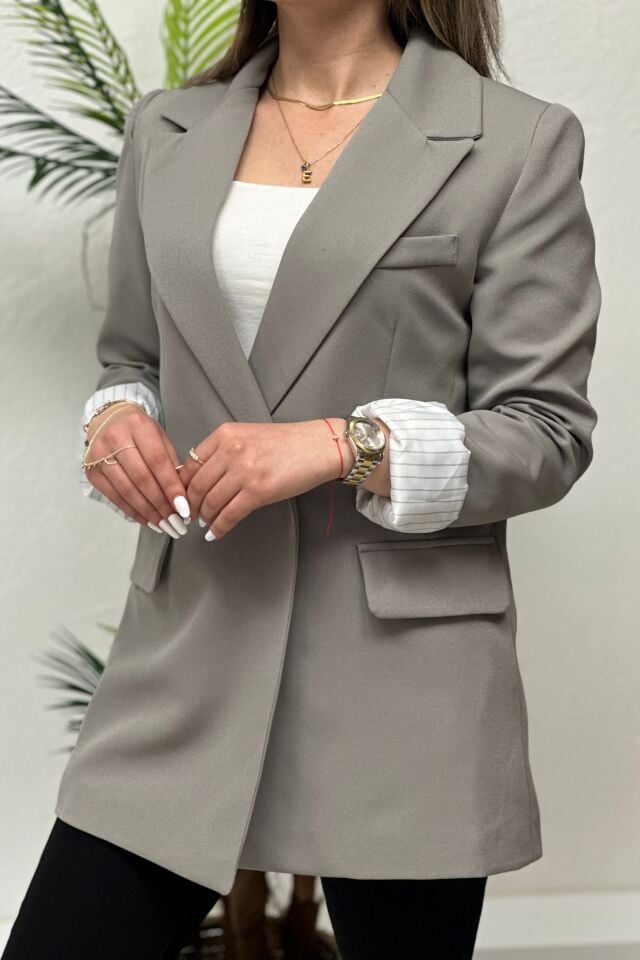 Premium Çizgi Astarlı Blazer Ceket Gri
