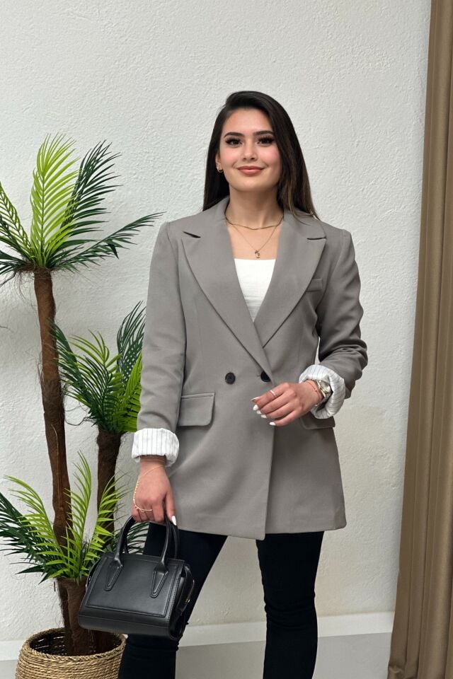 Premium Çizgi Astarlı Blazer Ceket Gri