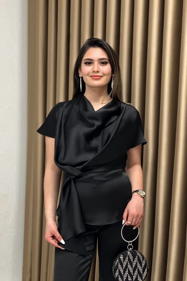 Lüx Kalite Düğüm Detaylı Saten Takım Siyah