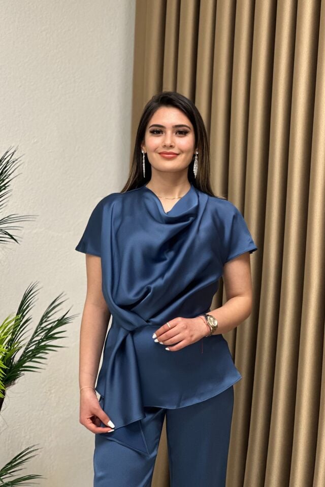 Lüx Kalite Düğüm Detaylı Saten Takım İndigo Mavi
