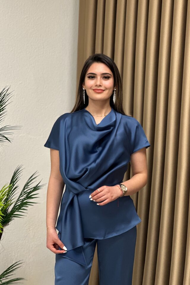 Lüx Kalite Düğüm Detaylı Saten Takım İndigo Mavi