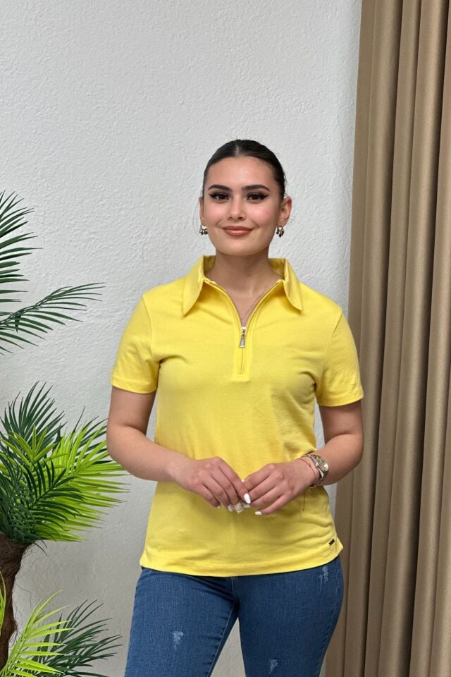 Polo Yaka Pike Kumaş Fermuarlı T-Shirt Sarı