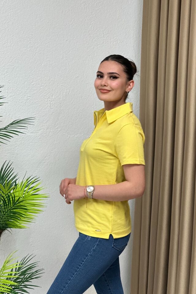 Polo Yaka Pike Kumaş Fermuarlı T-Shirt Sarı
