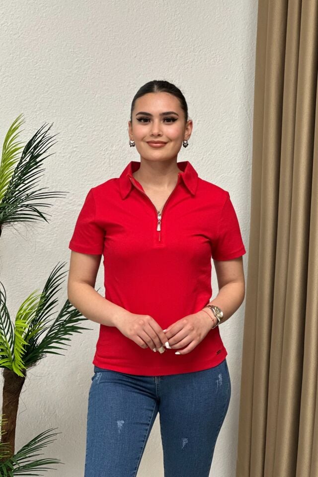 Polo Yaka Pike Kumaş Fermuarlı T-Shirt Kırmızı