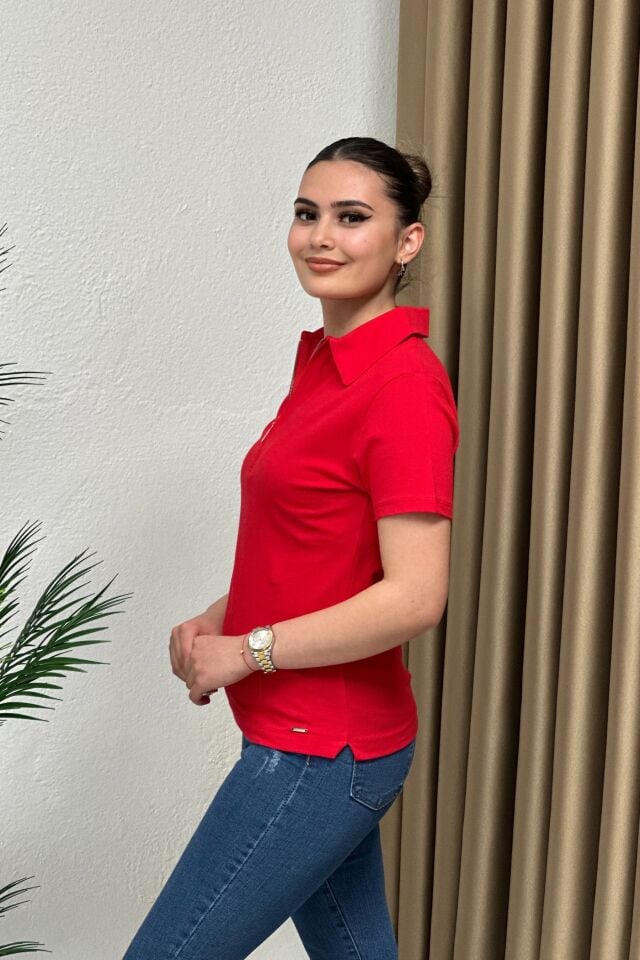 Polo Yaka Pike Kumaş Fermuarlı T-Shirt Kırmızı
