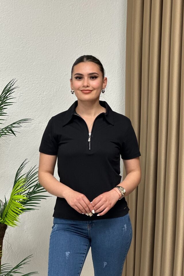 Polo Yaka Pike Kumaş Fermuarlı T-Shirt Siyah