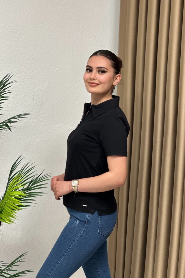Polo Yaka Pike Kumaş Fermuarlı T-Shirt Siyah