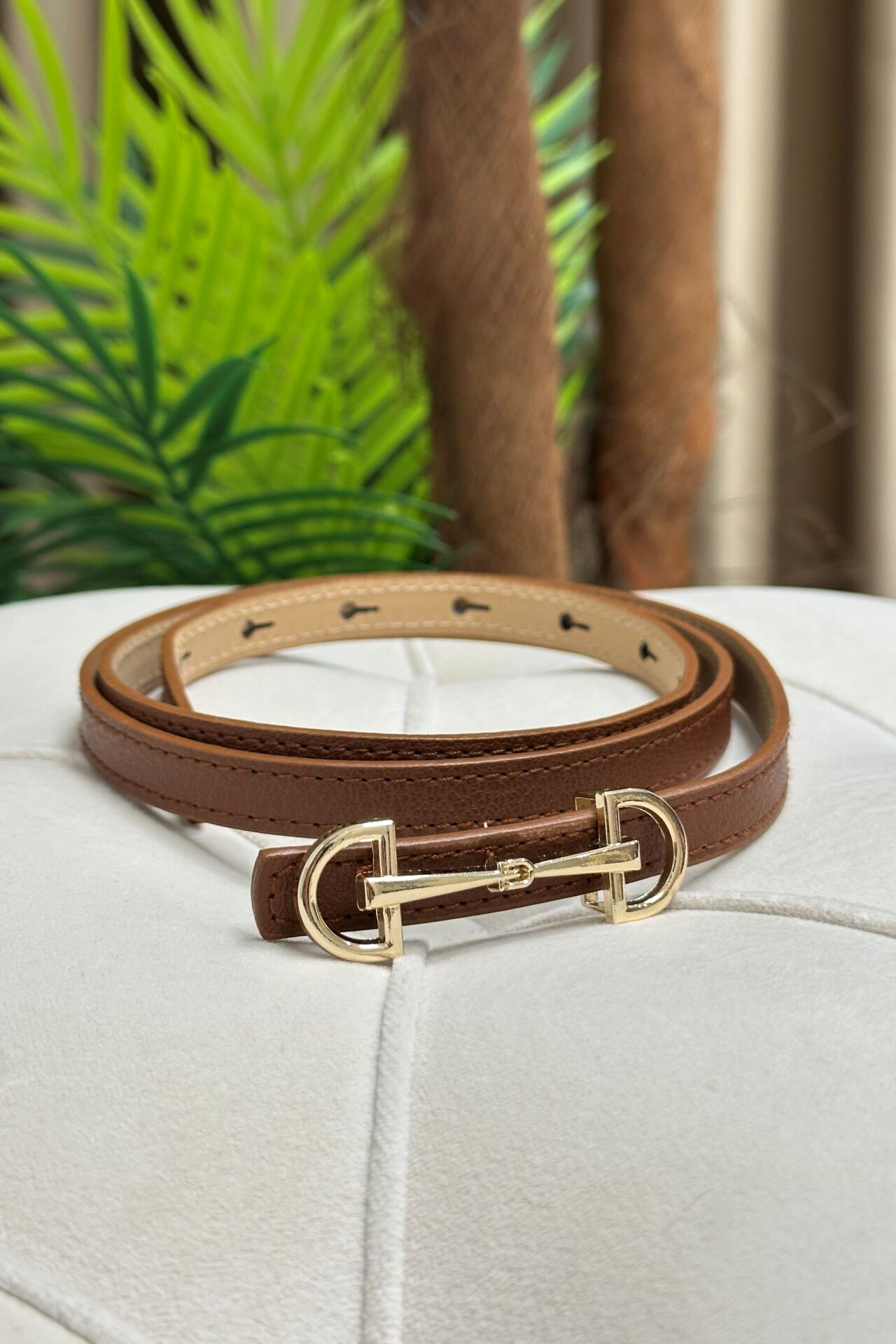 Deri D Model Gold Tokalı İnce Taba Kemer