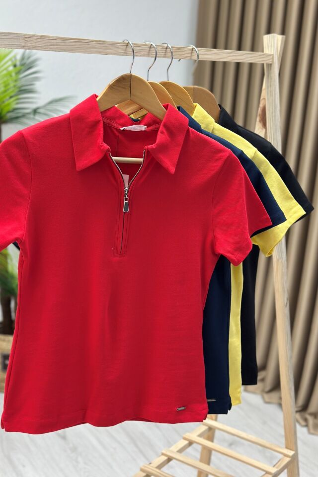 Polo Yaka Pike Kumaş Fermuarlı T-Shirt Lacivert