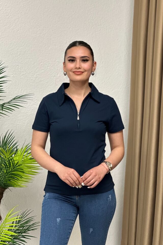 Polo Yaka Pike Kumaş Fermuarlı T-Shirt Lacivert