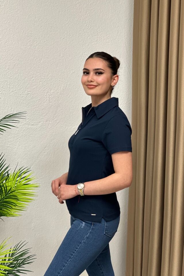 Polo Yaka Pike Kumaş Fermuarlı T-Shirt Lacivert