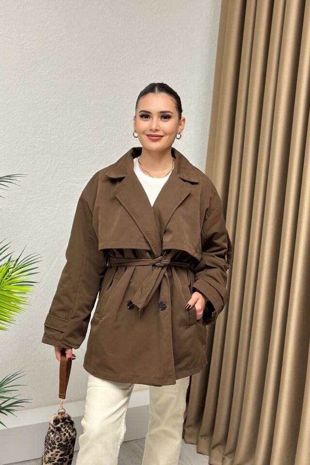 Kuşaklı Oversize Trençkot Acı Kahve