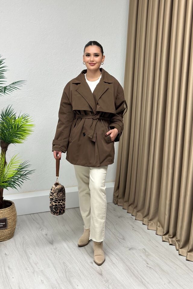 Kuşaklı Oversize Trençkot Acı Kahve