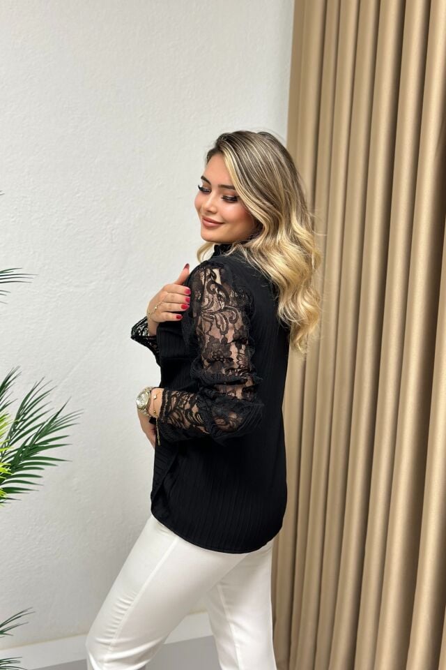 Premium Seri Dantelli Tasarım Gömlek Siyah