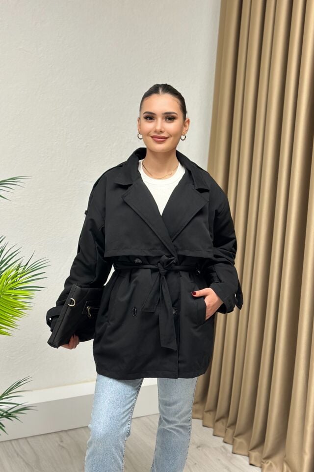 Kuşaklı Oversize Trençkot Siyah
