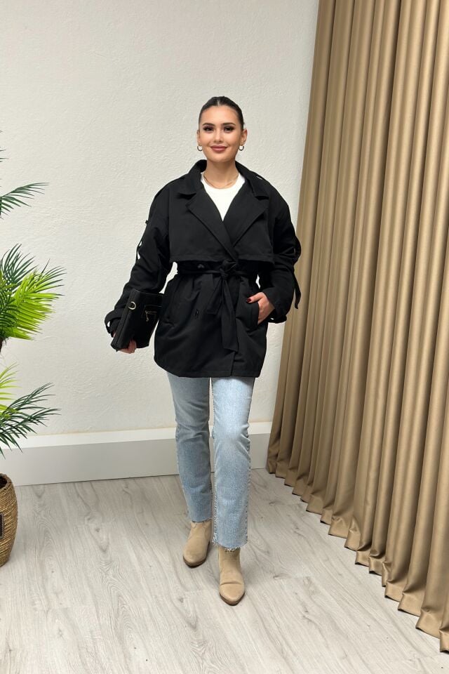 Kuşaklı Oversize Trençkot Siyah
