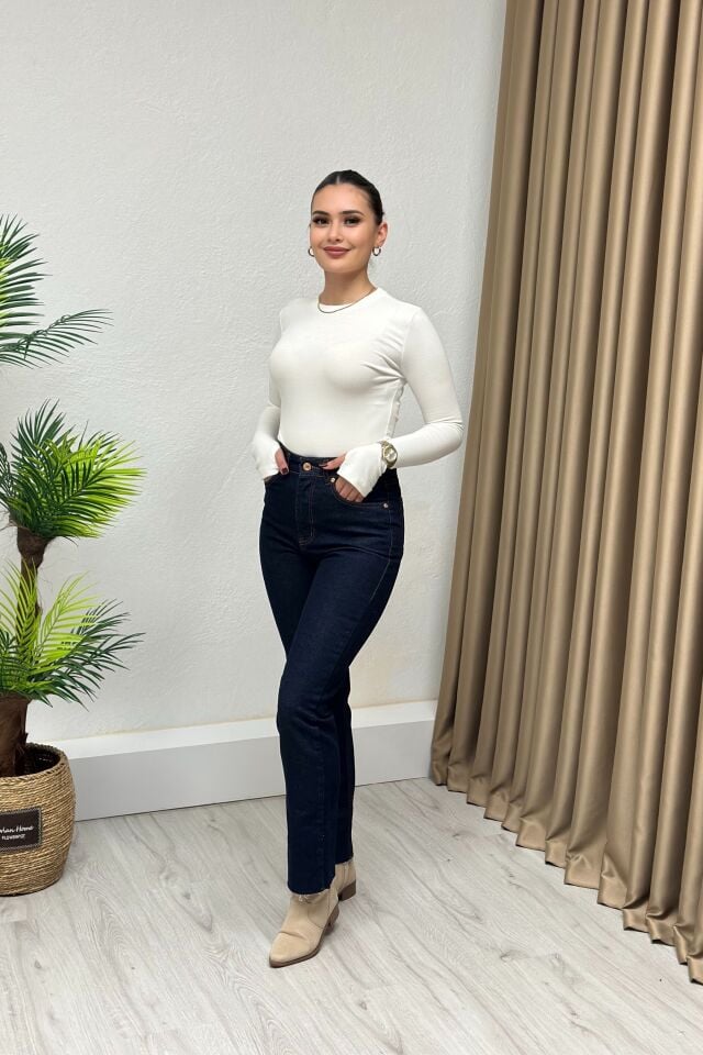 Premium Kalite Kesik Paça Boyfit Jean Koyu Lacivert