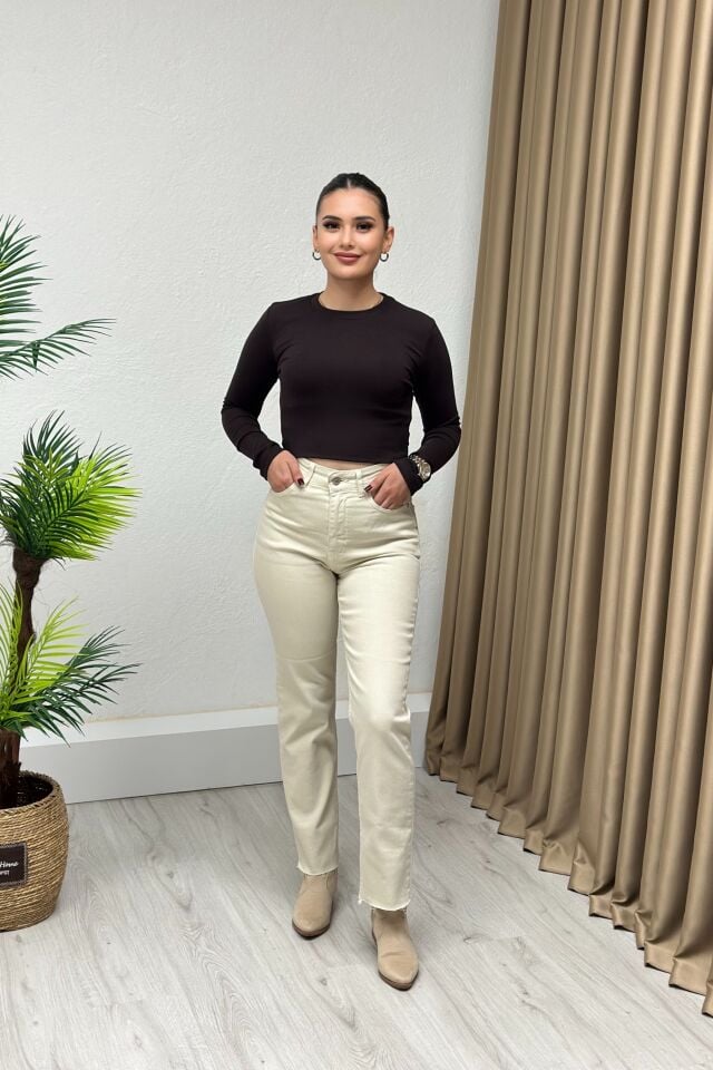 Premium Kalite Kesik Paça Boyfit Jean Bej