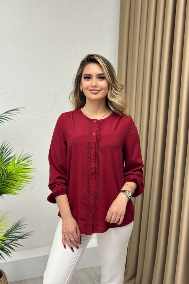 Krep Şifon Güpür Detaylı Gömlek-Bluz Bordo