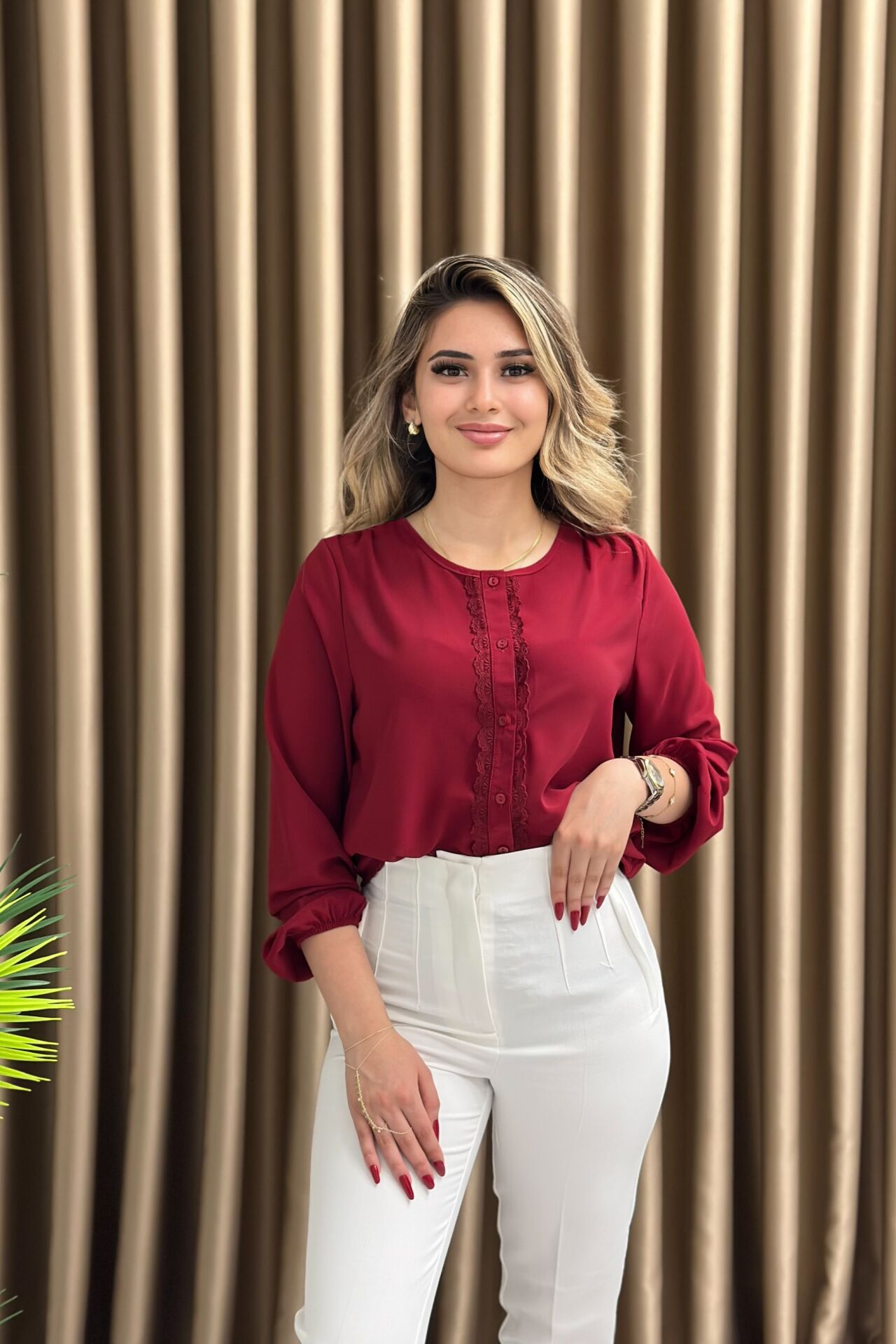 Krep Şifon Güpür Detaylı Gömlek-Bluz Bordo