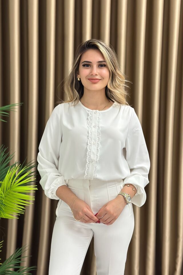 Krep Şifon Güpür Detaylı Gömlek-Bluz Beyaz