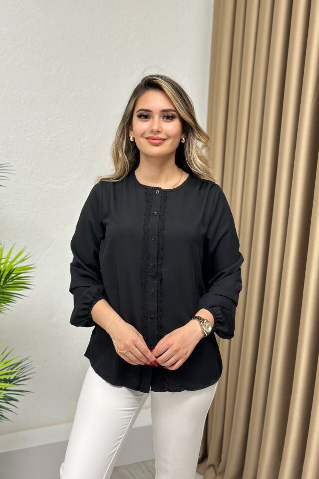 Krep Şifon Güpür Detaylı Gömlek-Bluz Siyah