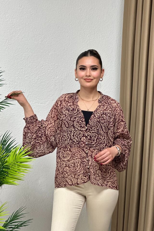 Desenli Şifon Tül Gömlek-Bluz