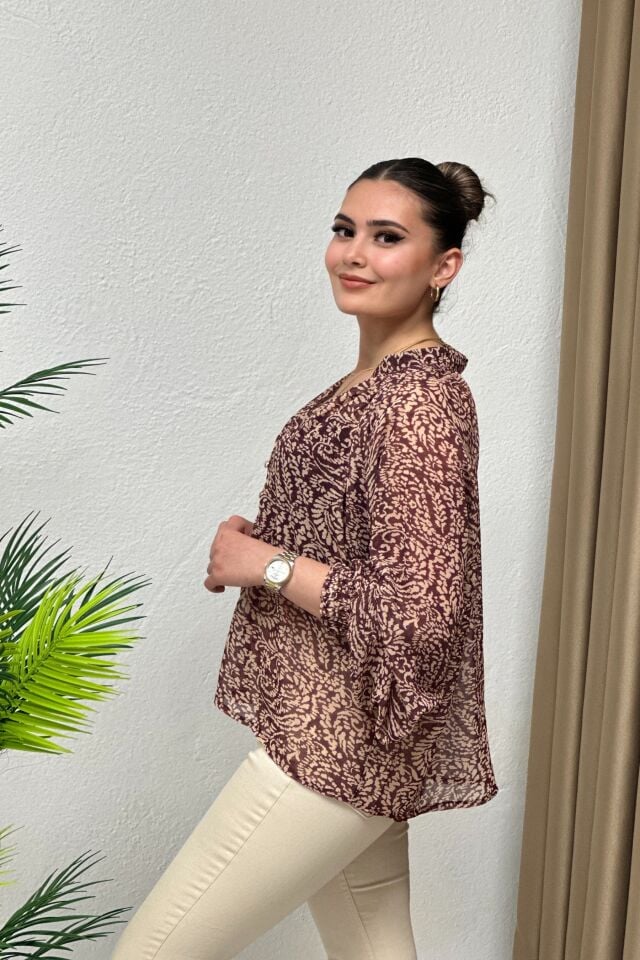 Desenli Şifon Tül Gömlek-Bluz