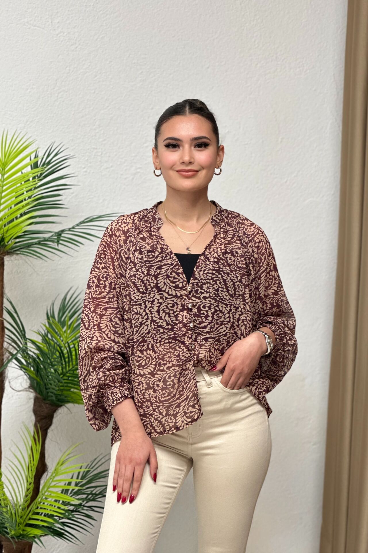 Desenli Şifon Tül Gömlek-Bluz