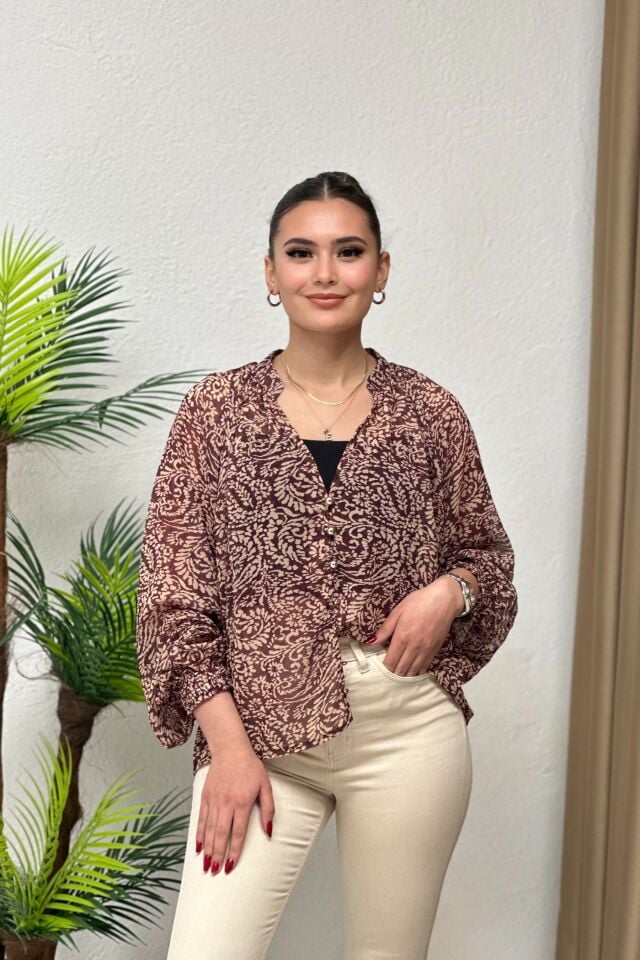 Desenli Şifon Tül Gömlek-Bluz