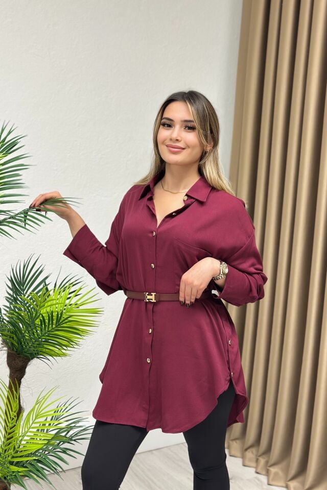 Asimetrik Kesim Düğme Detaylı Oversize Gömlek Vişne