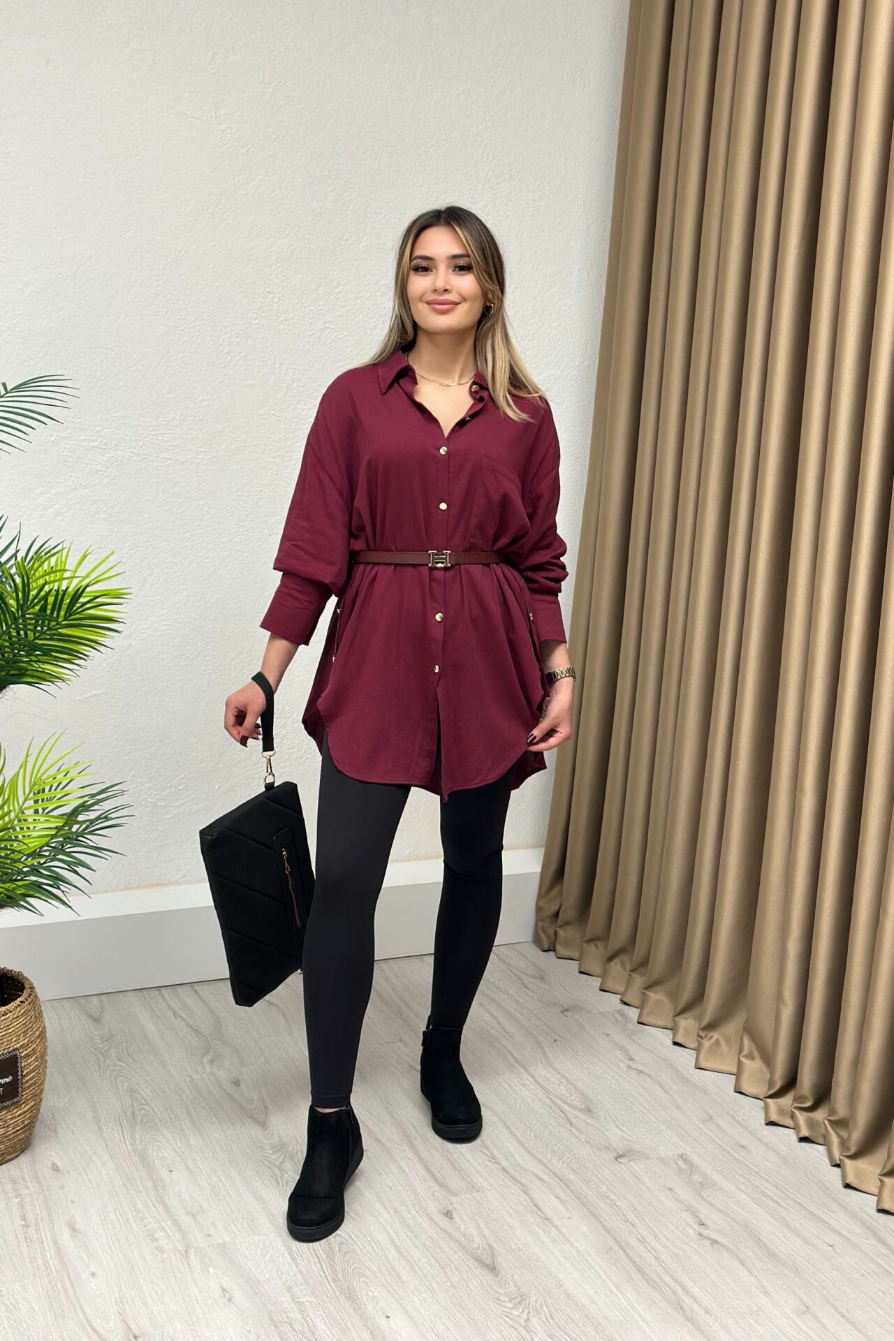 Asimetrik Kesim Düğme Detaylı Oversize Gömlek Vişne