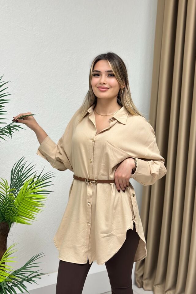 Asimetrik Kesim Düğme Detaylı Oversize Gömlek Bej