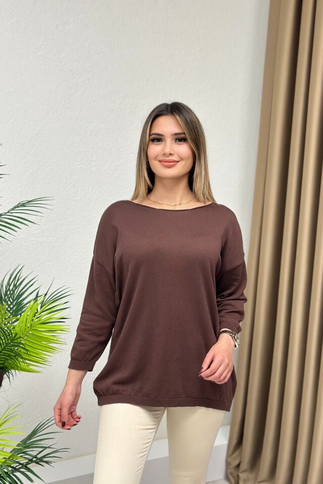 Kesik Yaka Truvakar Kol Pamuk Salaş Bluz Acı Kahve