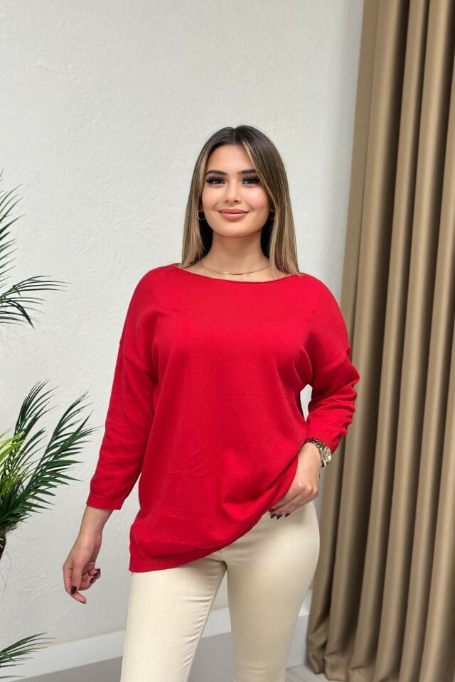Kesik Yaka Truvakar Kol Pamuk Salaş Bluz Kırmızı