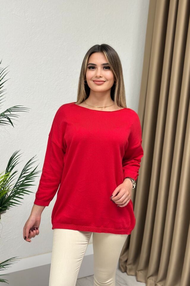 Kesik Yaka Truvakar Kol Pamuk Salaş Bluz Kırmızı