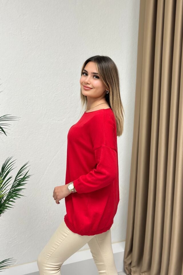 Kesik Yaka Truvakar Kol Pamuk Salaş Bluz Kırmızı