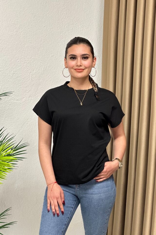 Dik Yaka Süprem Kumaş Basic T-Shirt Siyah