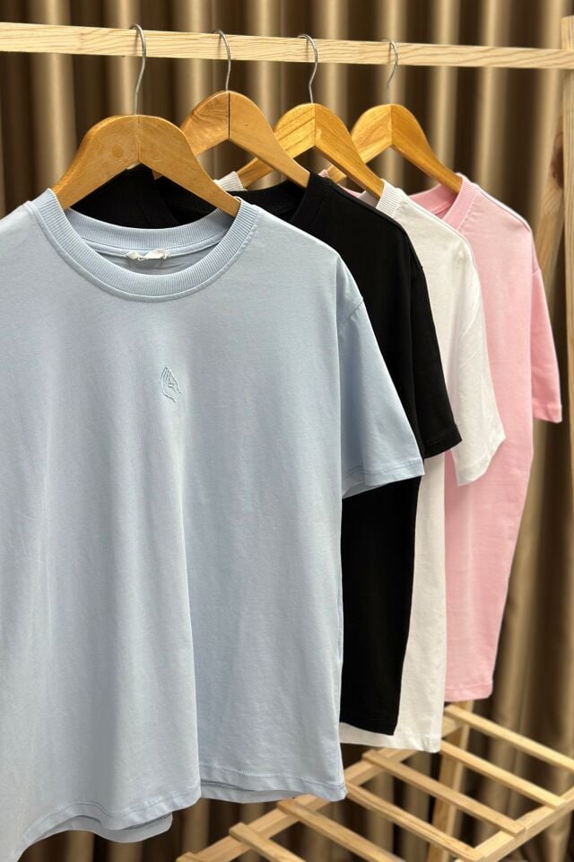 Nakışlı Süprem Kumaş Basic T-Shirt Beyaz