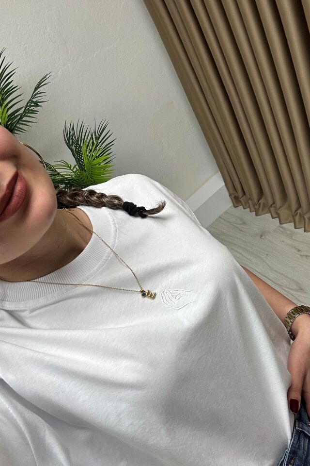 Nakışlı Süprem Kumaş Basic T-Shirt Beyaz