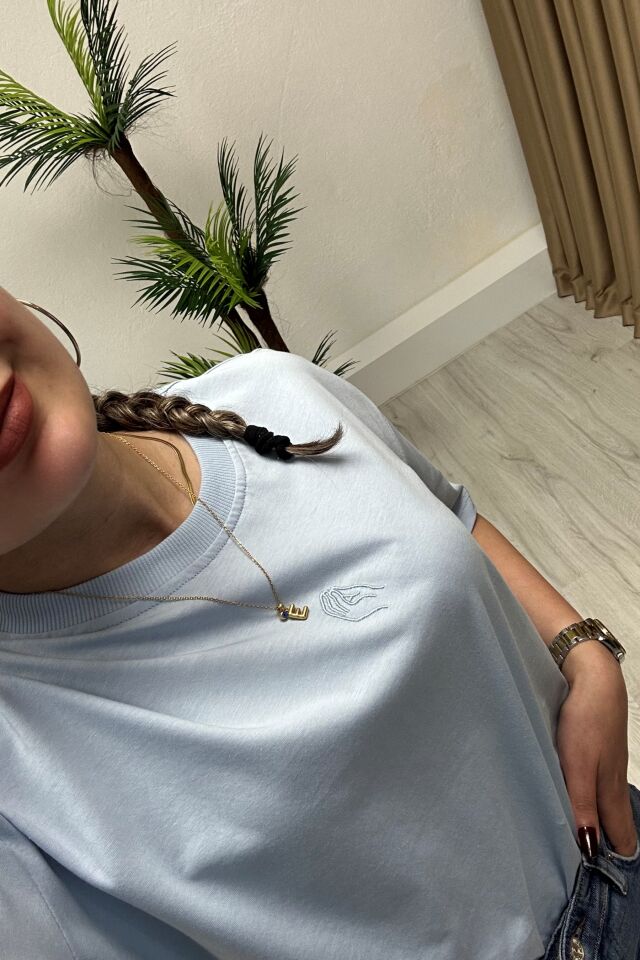 Nakışlı Süprem Kumaş Basic T-Shirt Bebe Mavi