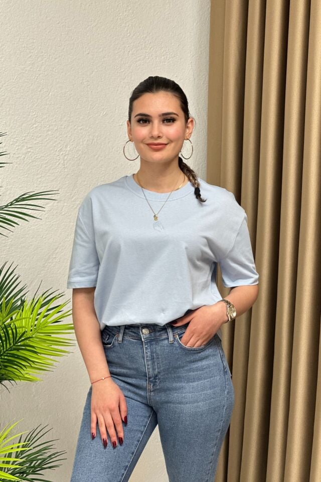 Nakışlı Süprem Kumaş Basic T-Shirt Bebe Mavi
