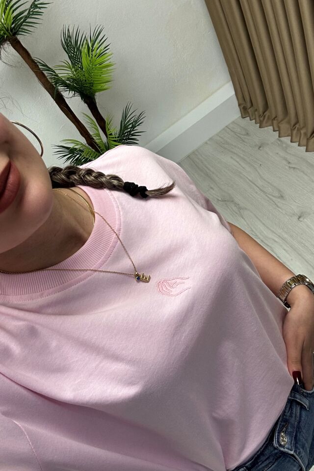 Nakışlı Süprem Kumaş Basic T-Shirt Pembe