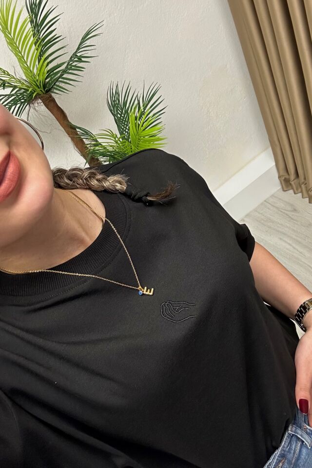 Nakışlı Süprem Kumaş Basic T-Shirt Siyah