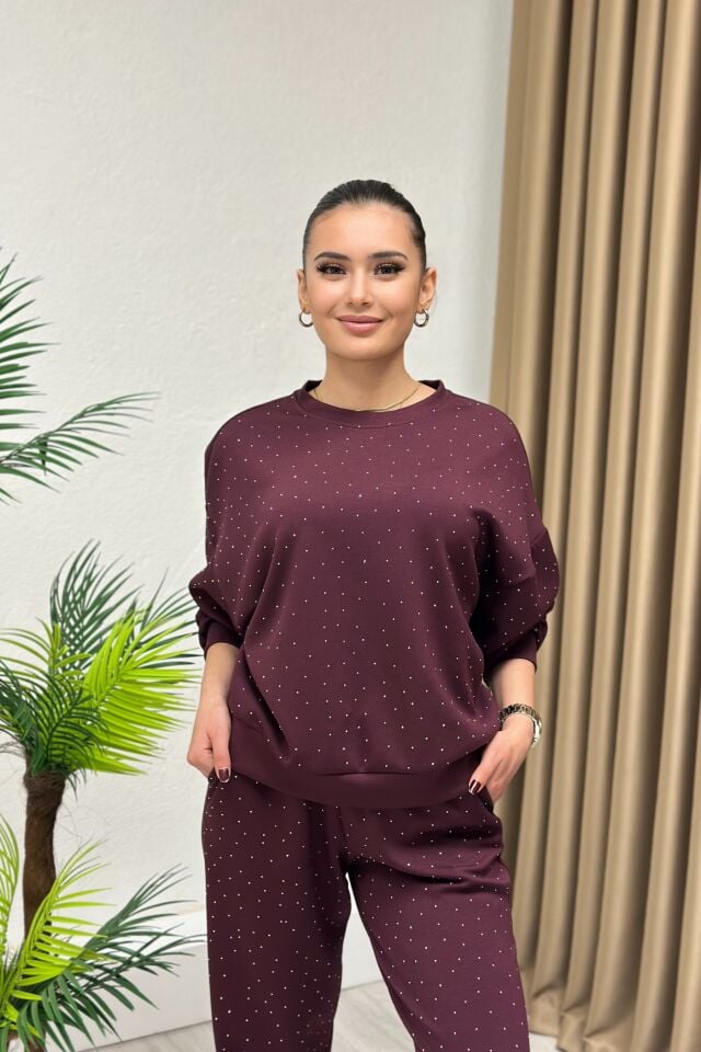 Modal Kumaş Taşlı Takım Bordo