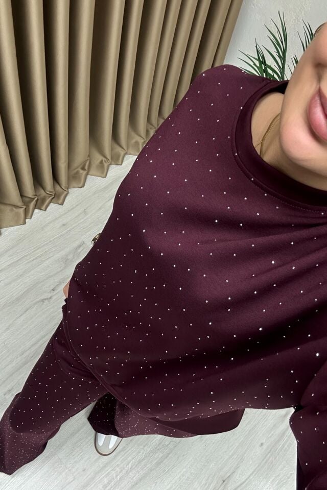 Modal Kumaş Taşlı Takım Bordo