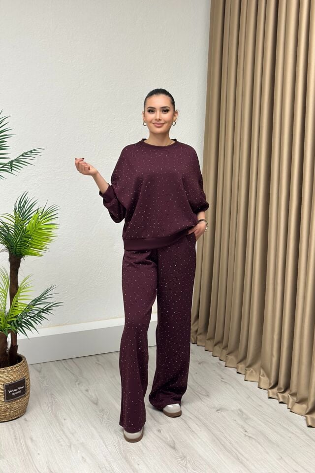 Modal Kumaş Taşlı Takım Bordo