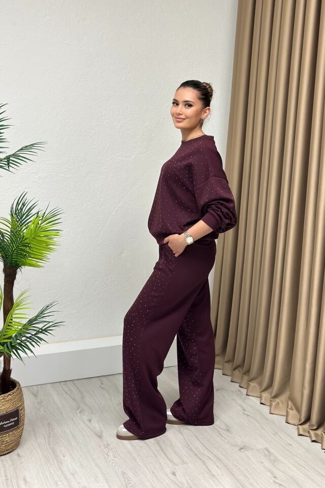 Modal Kumaş Taşlı Takım Bordo