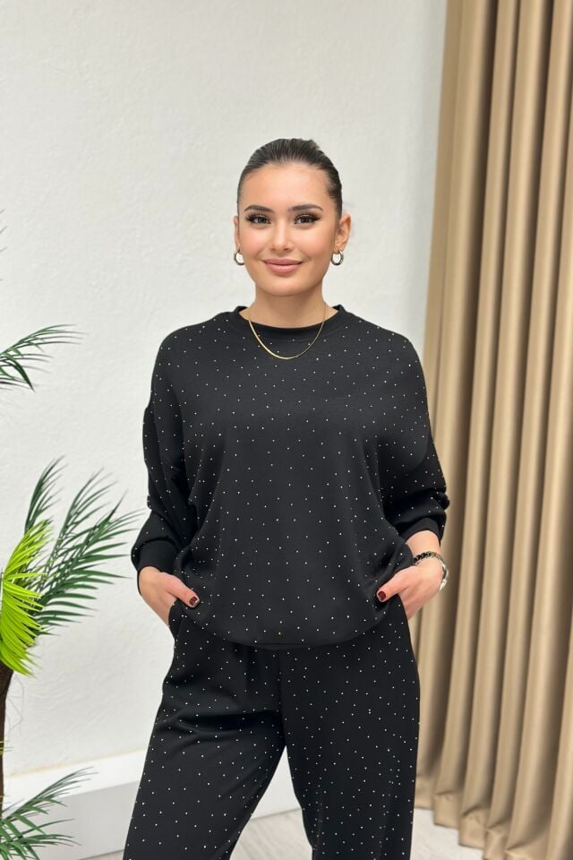 Modal Kumaş Taşlı Takım Siyah
