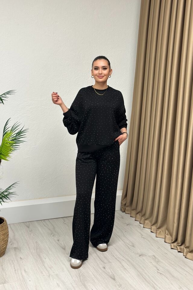 Modal Kumaş Taşlı Takım Siyah